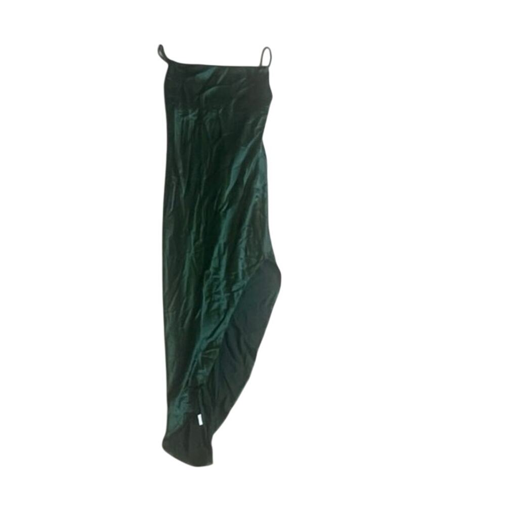 Women Small Green Satin Slip Dress Asymmetrical Spaghetti Strap Midi Elegant NWT